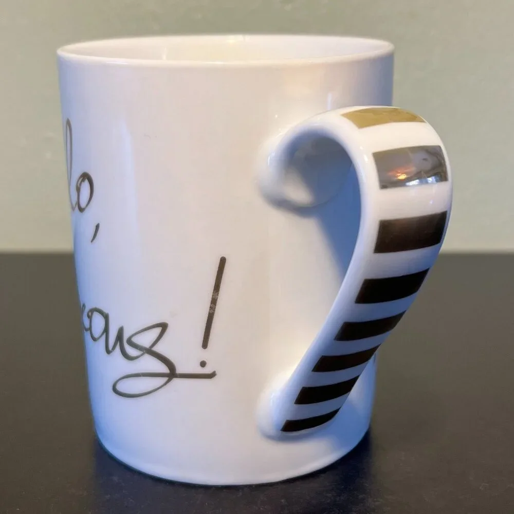 Pier 1 Hello Gorgeous Gold Ceramic Coffee Mug 14oz White Metallic Script